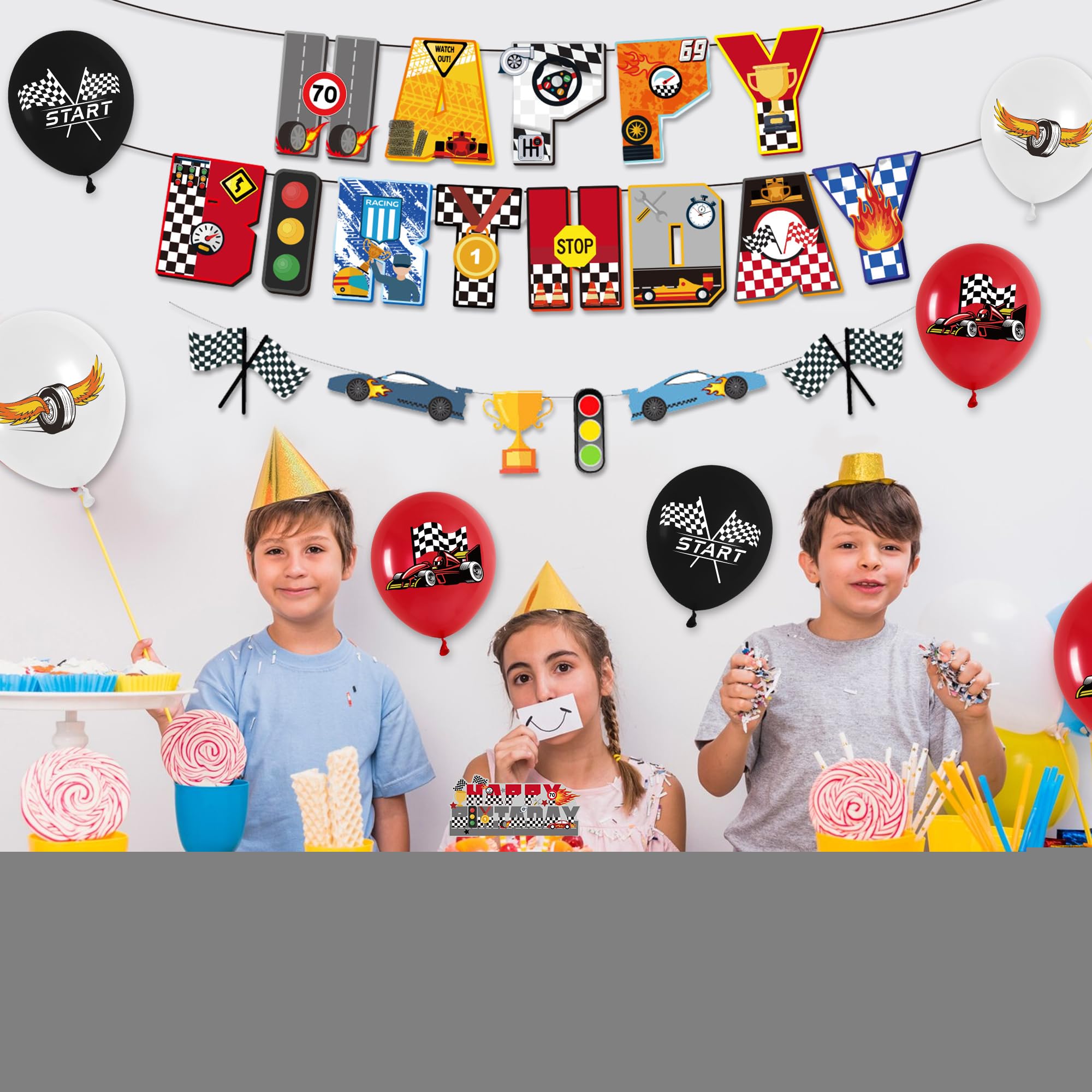 Race Car Birthday Party Decorations - Car Party Supplies Includes Birthday Banner Cake Topper Cupcake Topper Latex Balloons Sticker for Racing Theme Party
