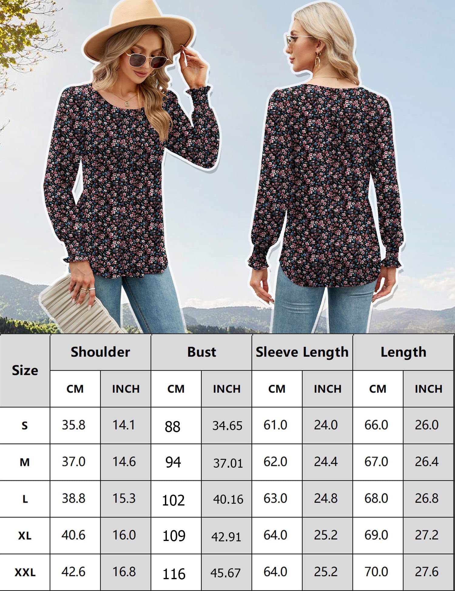 Rapbin Blouses for Women Long Sleeve Tops Pleated Tunic Shirt Spring Autumn Loose Tshirts Floral Ladies O Neck Shirts red Print XL