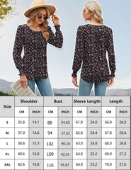 Rapbin Blouses for Women Long Sleeve Tops Pleated Tunic Shirt Spring Autumn Loose Tshirts Floral Ladies O Neck Shirts red Print XL