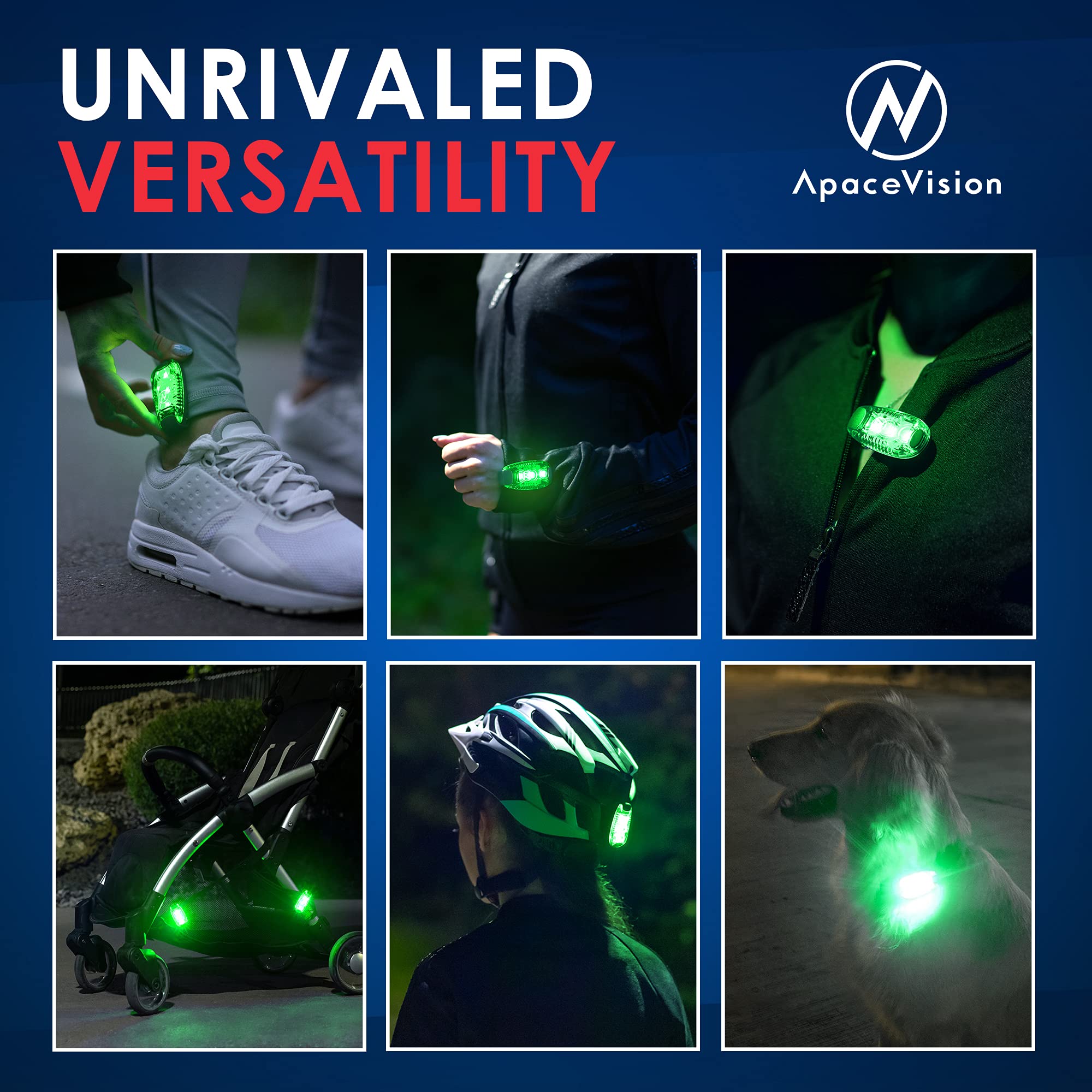 Apace Vision LED Safety Light (2 Pack) with Bonus Items – Clip On Strobe/Running Lights for Runners, Dogs, Bikes, Walking and More (Green)