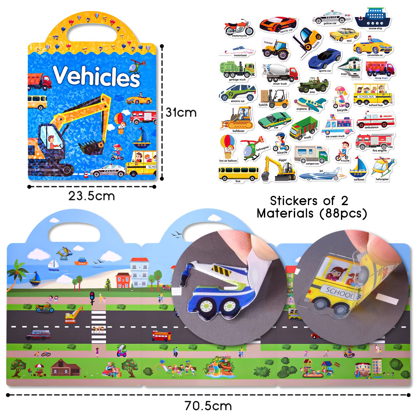 ASTARON Reusable 3D Puffy Sticker Book for Kids, 88 Pcs Cute Waterproof Vehicles Stickers, Puffy Sticker Game Travel Stickers and Educational Sensory Learning Toy（3-6 Age）