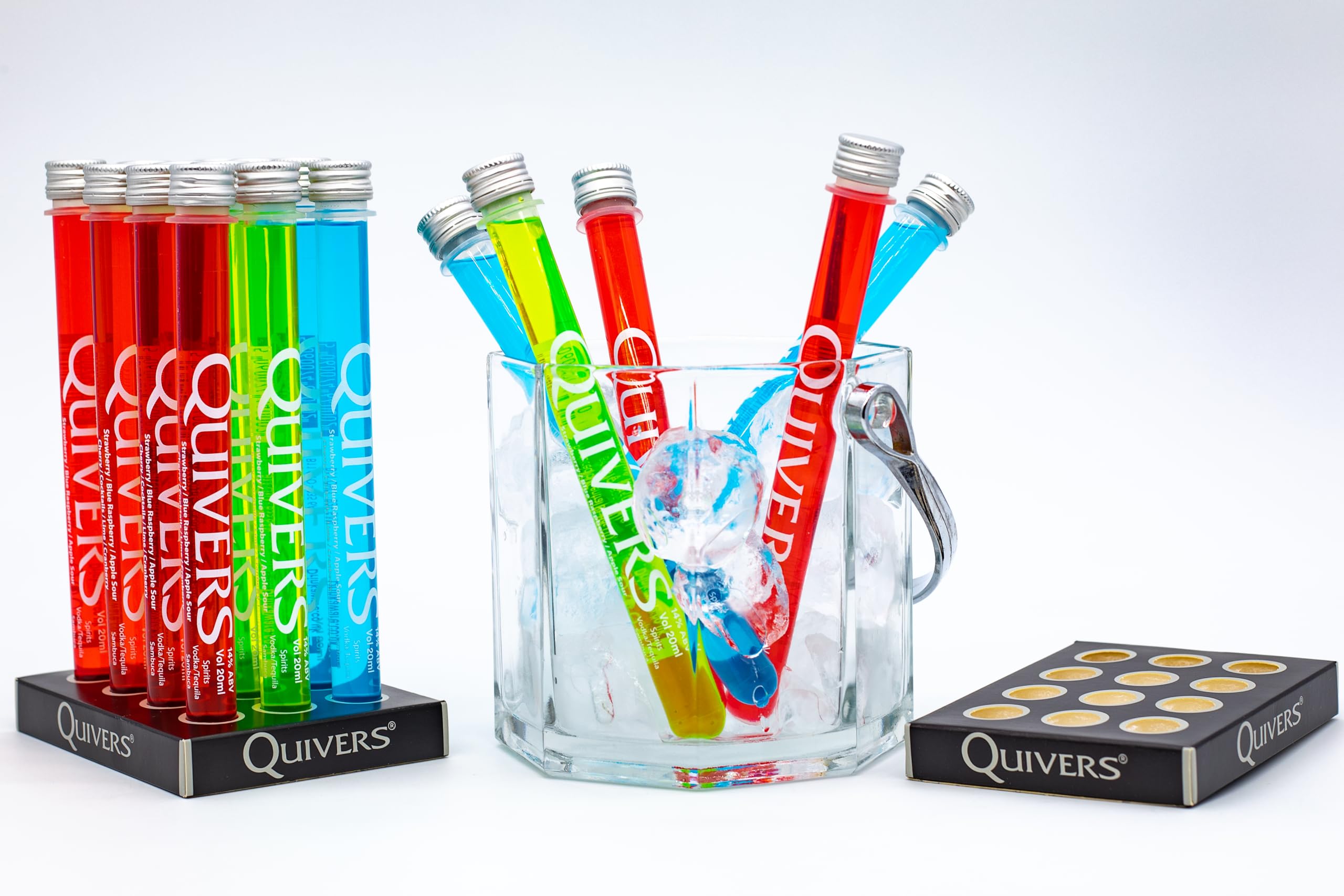 Quivers Mixed Vodka Shots, 14% ABV, 12 x 20ml, Sour Apple/Strawberry/Raspberry