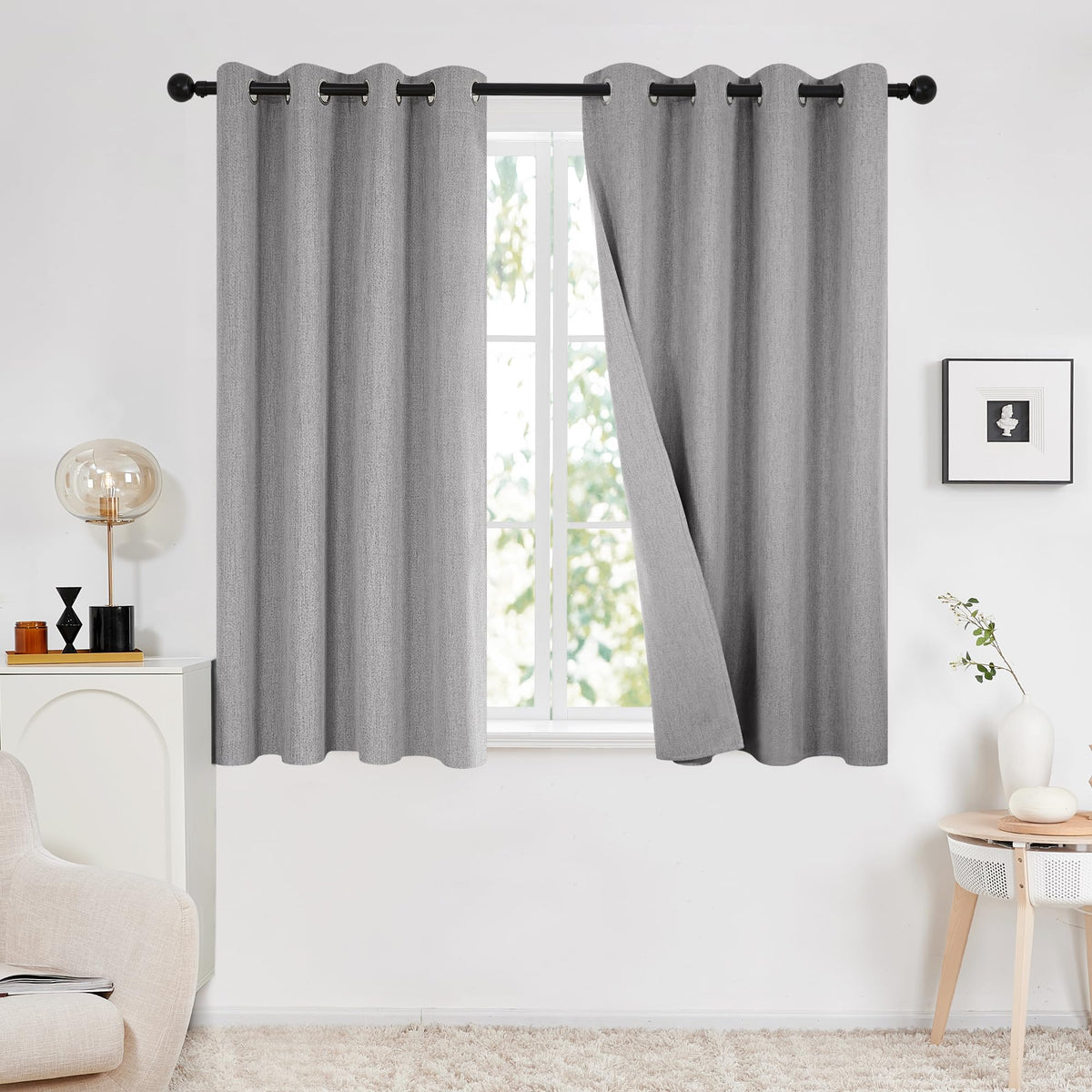 Deconovo 100% Blackout Curtains Eyelet, Window Treatment, Faux Linen Curtains, Natural Thermal Curtains for Nursery, 52x63 Inch(Width x Length), Grey, 2 Panels