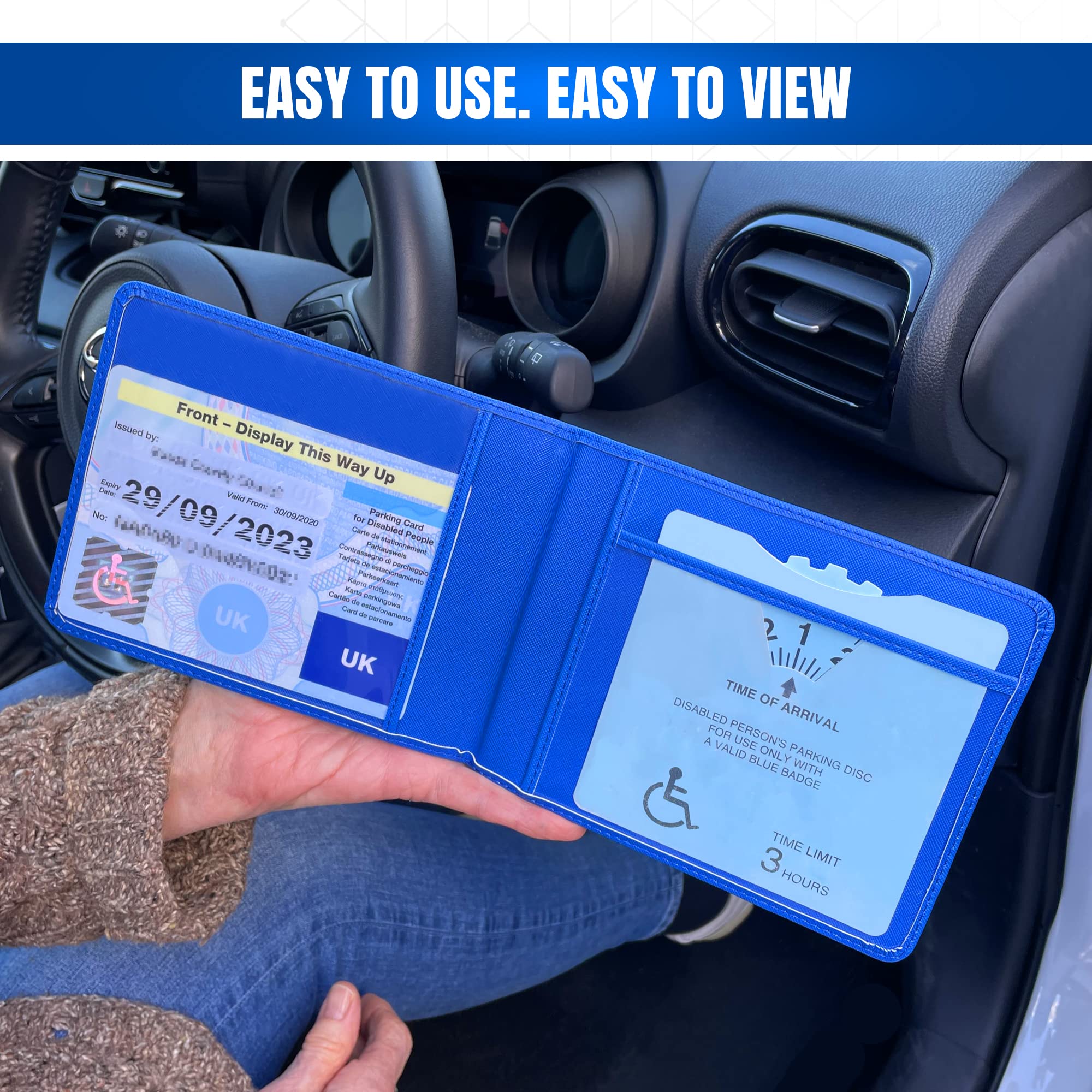 Disabled Blue Badge & Timer Holder Wallet PU Leather Protector Disability Parking Permit Discreet Cover Hologram Safe with 2X Disabled Stickers Included (Blue)