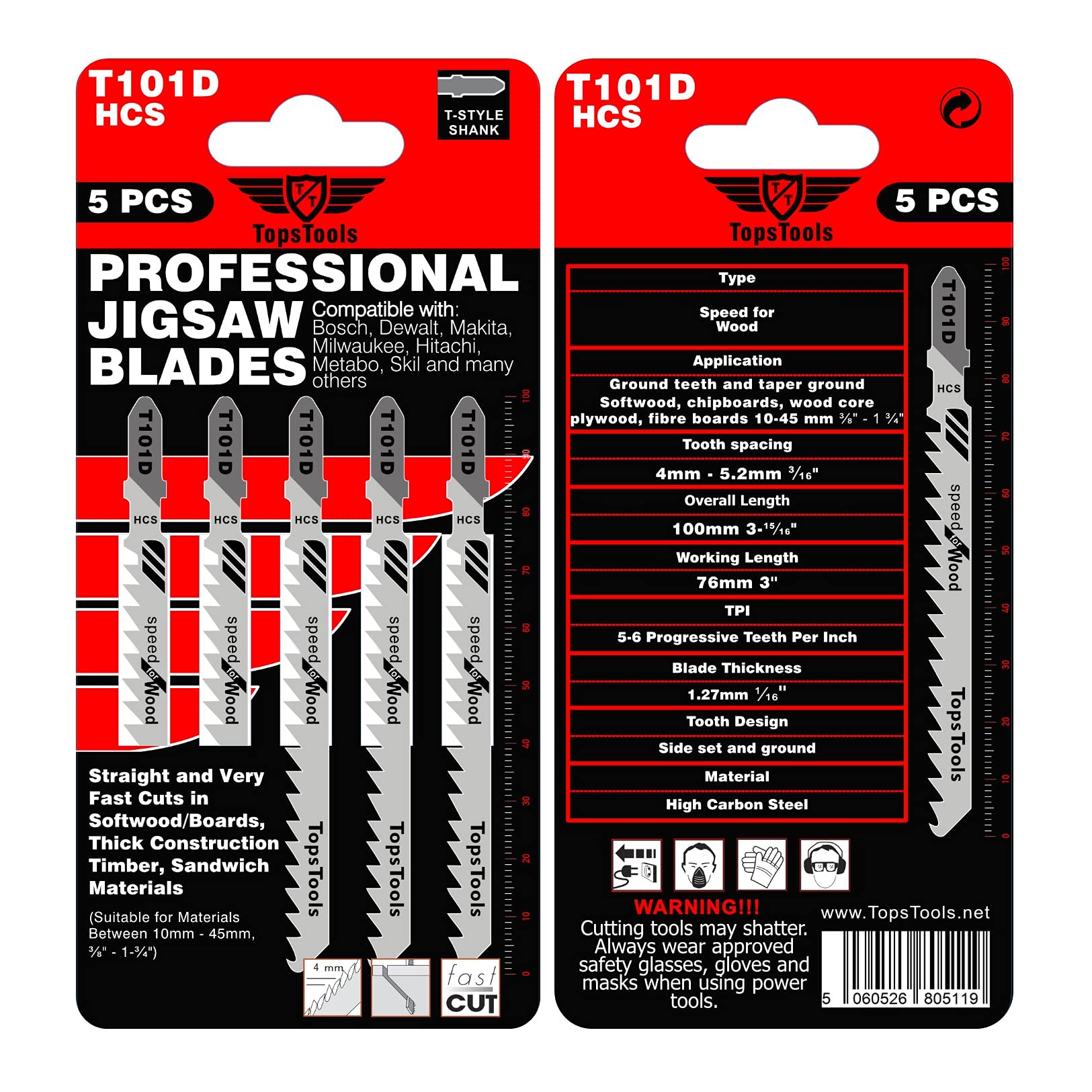 25 x TopsTools T101D Clean and Fast Cuts Jigsaw Blades Compatible with Bosch, Dewalt, Makita, Milwaukee and many more