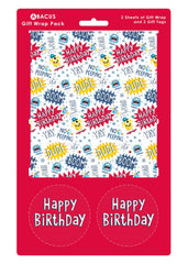 Abacus Cards 08772A  inchesBirthday Monsters inches Gift Wrap Pack with 2 Sheets & 2 Tags - Plastic Free & Fully Recyclable