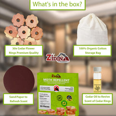 Zidina Moth Repellent for Wardrobes   30x Rings 100% Natural Cedar Wood Moth Repellent, Best Alternative to Moth Balls   Wardrobe Fresheners and Moth Killer   Organic Fabric Bag, Sand Paper Included