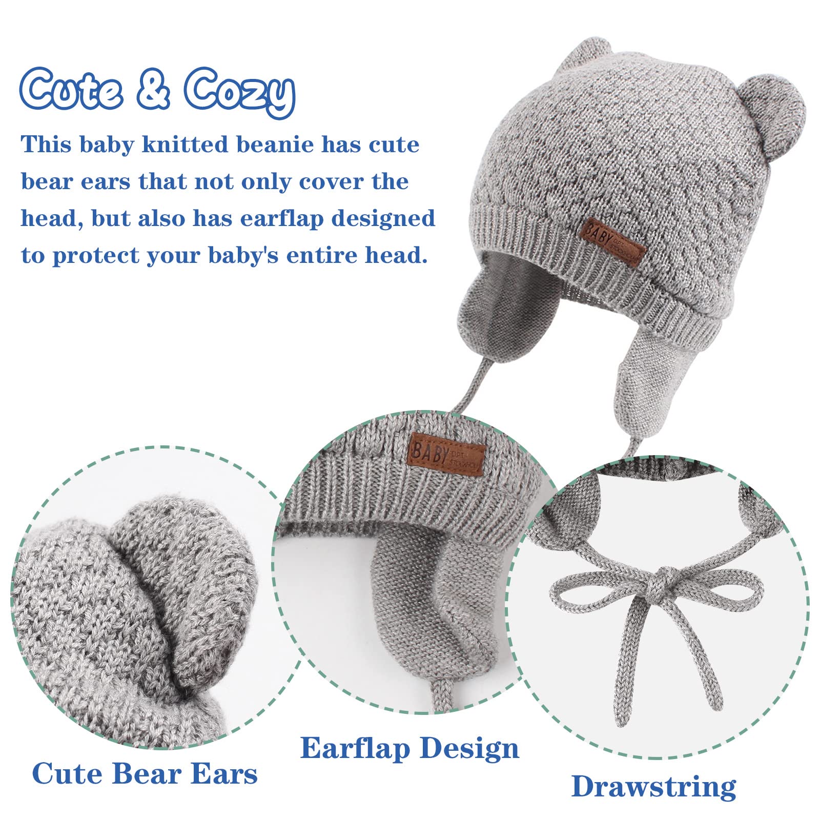 XIAOHAWANG Baby Earflap Beanie Hat Soft Baby Boy Knit Beanies Cute Bear Infant Toddler Girl Hats Autumn Winter (Gray, M)