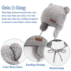 XIAOHAWANG Baby Earflap Beanie Hat Soft Baby Boy Knit Beanies Cute Bear Infant Toddler Girl Hats Autumn Winter (Gray, M)