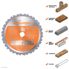 Evolution Power Tools R185TCT-20CS (Rage) Multi-Material TCT Blade Cuts Wood, Metal and Plastic, 185 mm