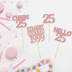 Gyufise 24Pcs Cheers to 25 Years Birthday Cupcake Toppers Glitter Twenty-five Straight Outta 1999 Cupcake Picks Happy 25th Cake Decorations for Happy 25th Birthday Anniversary Party Supplies Rose Gold