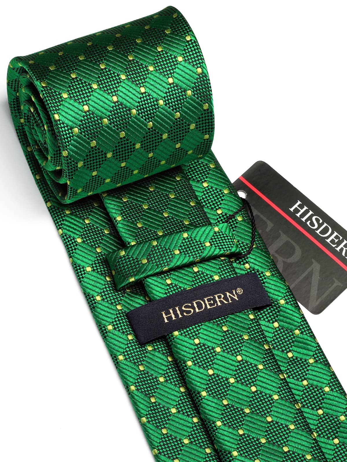 HISDERN Emerald Green Ties for Men Check Forest Green Neck Tie and Pocket Square Set for Wedding