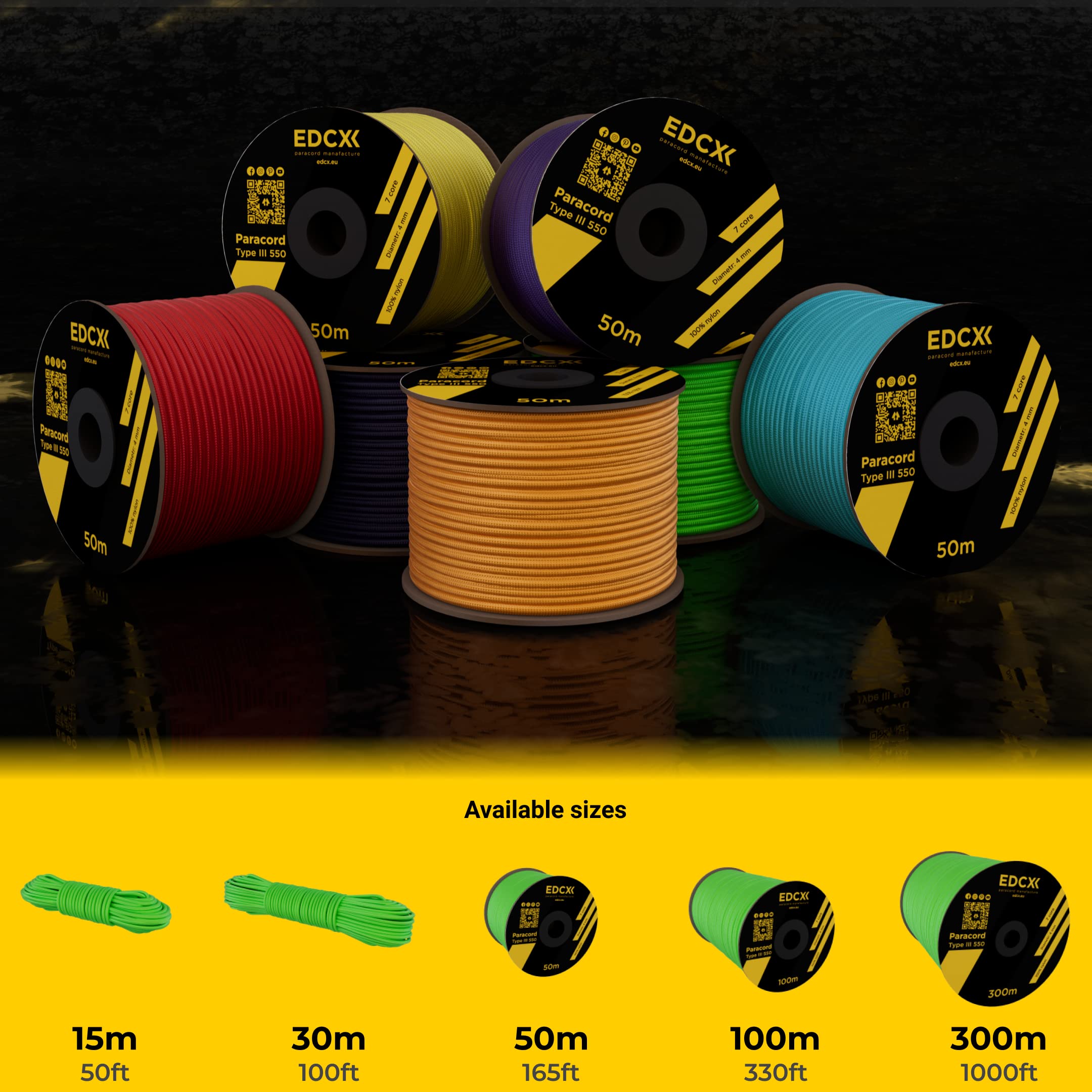 EdcX Paracord 4mm, 35and Solid Colors (10m, 15m, 30m, 50m, 100m, 300m)   Ideal for Crafting, DIY, Camping, Survival, Outdoor   100% Nylon Rope 4mm   Tactical Cord 550 Type III (Neon Green, 100 m)