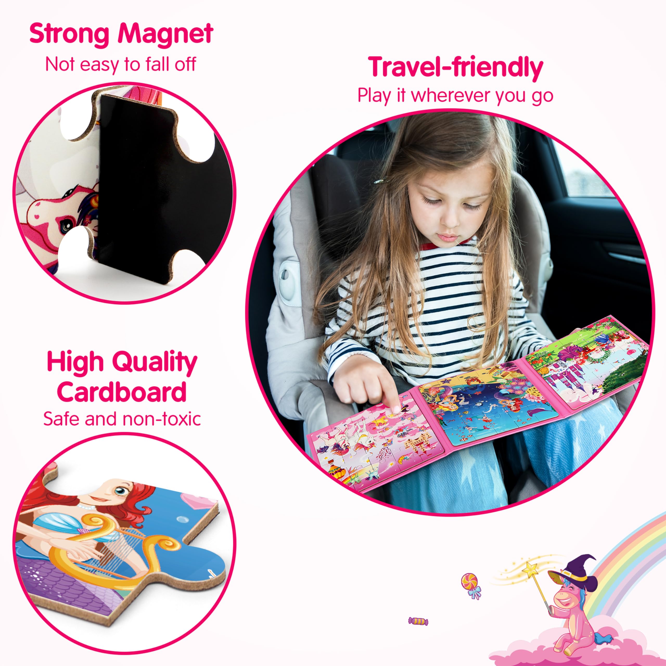 SYNARRY Unicorn Mermaid Princess Magnetic Puzzles for Toddlers 3-5 Girls, 20 Pieces Travel Puzzles for Kids Ages 2-4, Car Airplane Road Trip Activities Toys for 3 4 5 6 Year olds Girls