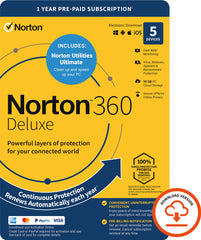 Norton 360 Deluxe and Utilities Ultimate, Antivirus software for 5 Devices and 1-year subscription with automatic renewal, Includes Secure VPN, PC/Mac/iOS/Android - Activation Code by Post