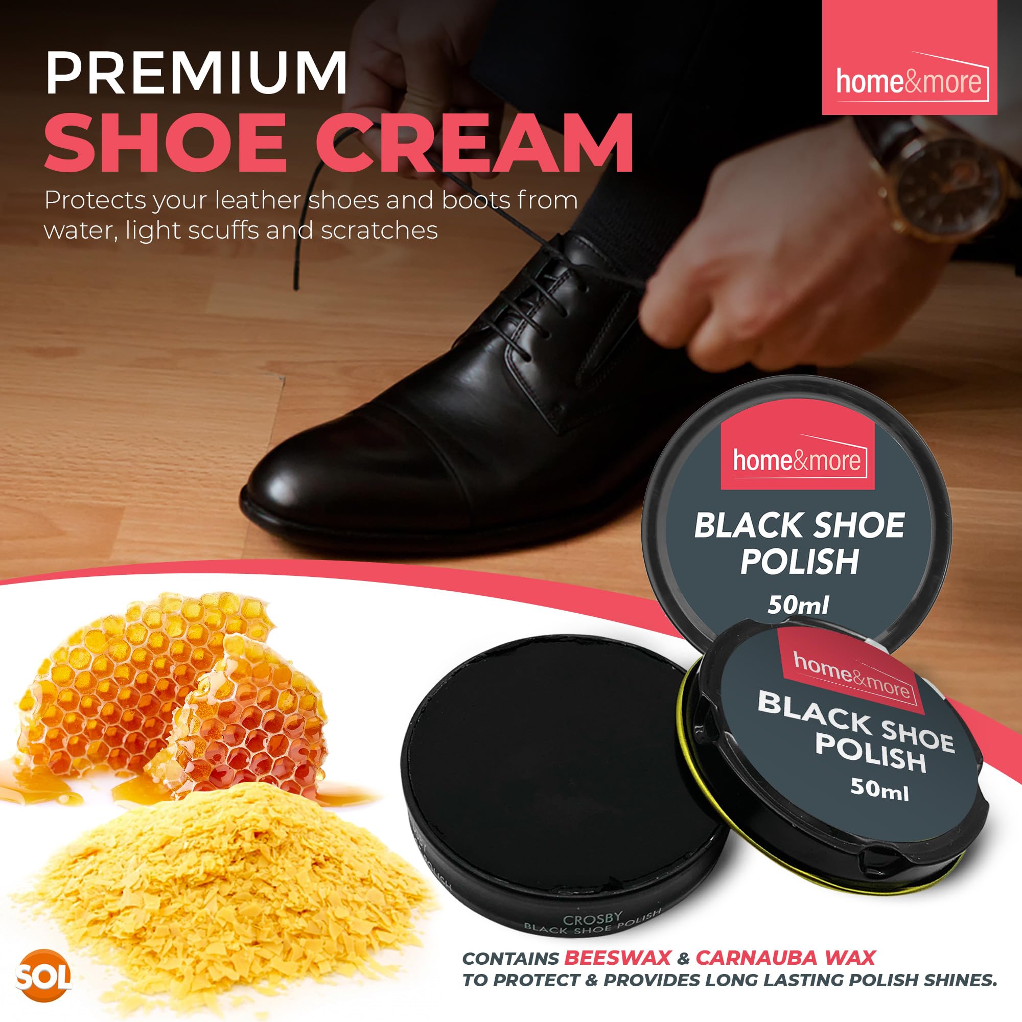 SOL 3pk Black Shoe Polish   50ml Tins Black Boot Polish   Black Leather Shoe Polish with Beeswax & Carnauba Wax for lasting Shine & Care   Black Polish Shoes