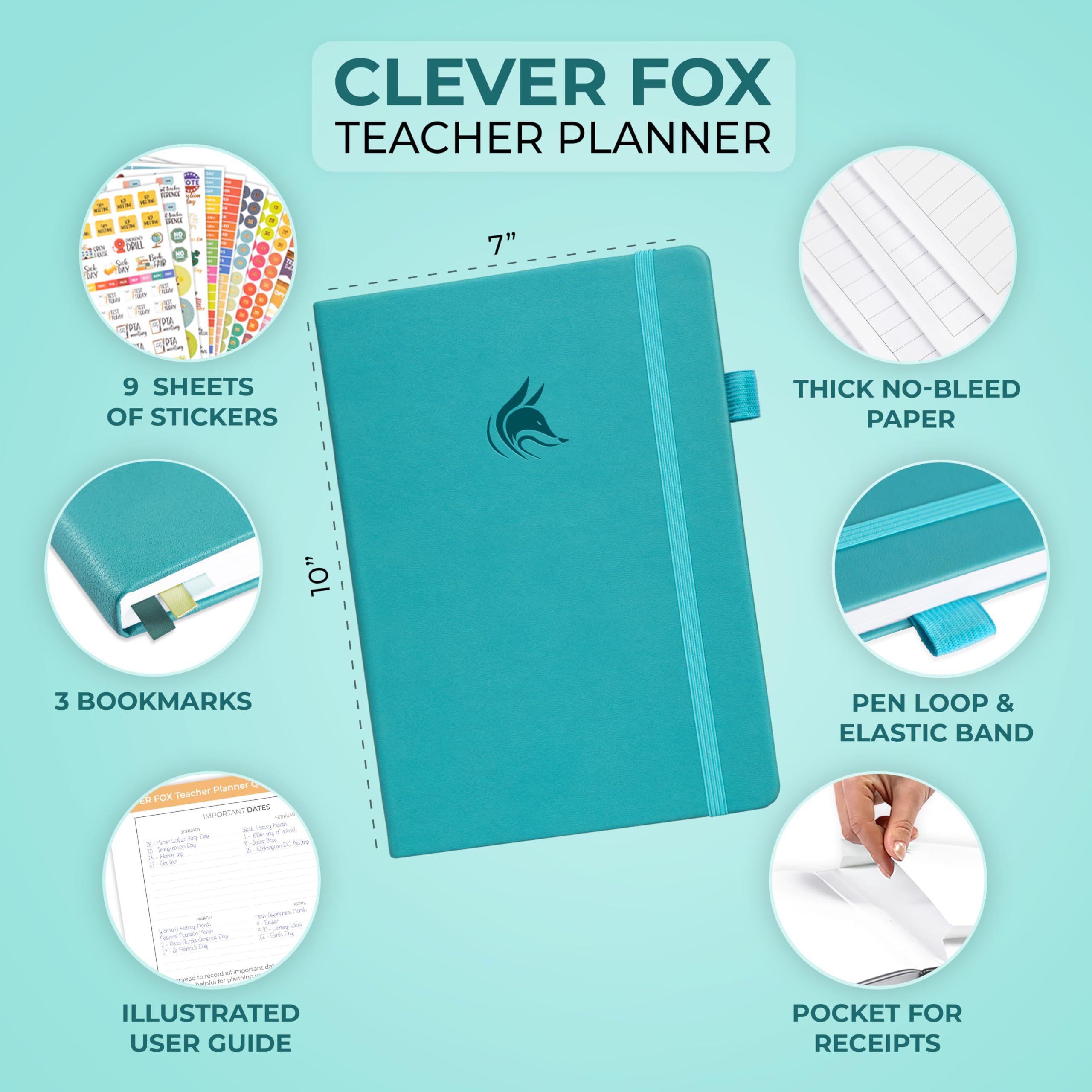 Clever Fox Teacher Planner – School Year Planner with Calendars & Lesson Plans – Teacher Plan Book for Classroom & Homeschool Organization - Undated, 18x25cm, Hardcover (Turquoise)