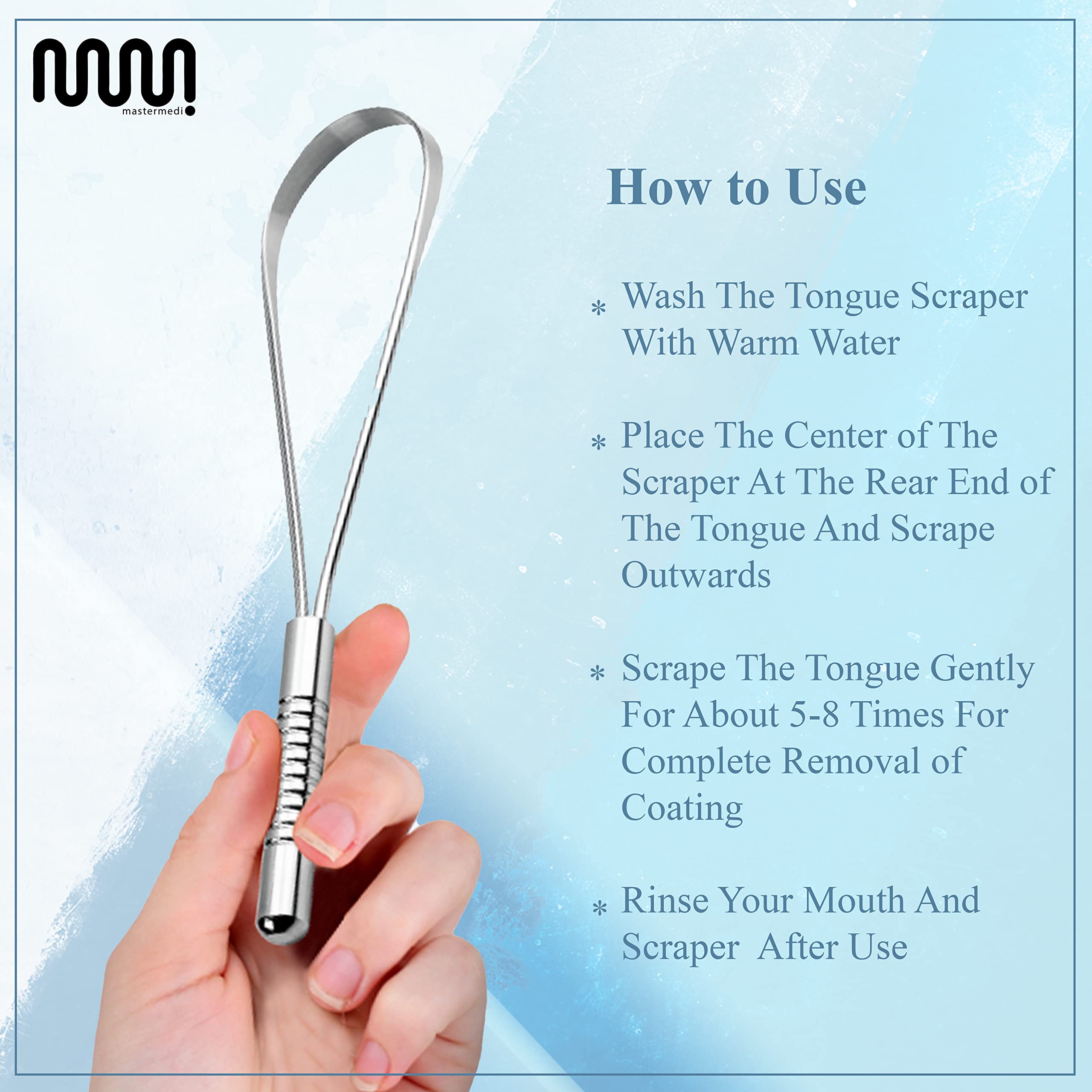 MasterMedi Tongue Scraper, Bad Breath Treatment for Adults & Kids, Medical Grade 100% Stainless Steel Tongue Scrapers for Oral Care, Easy to Use Tongue Cleaner with Ergonomic Design for Hygiene