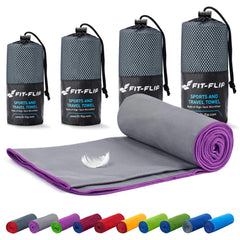 Fit-Flip Camping towel - ultra lightweight & compact microfibre towel - quick dry sports towel for gym - the perfect beach, travel & swim towel (70x140cm grey - purple edge)