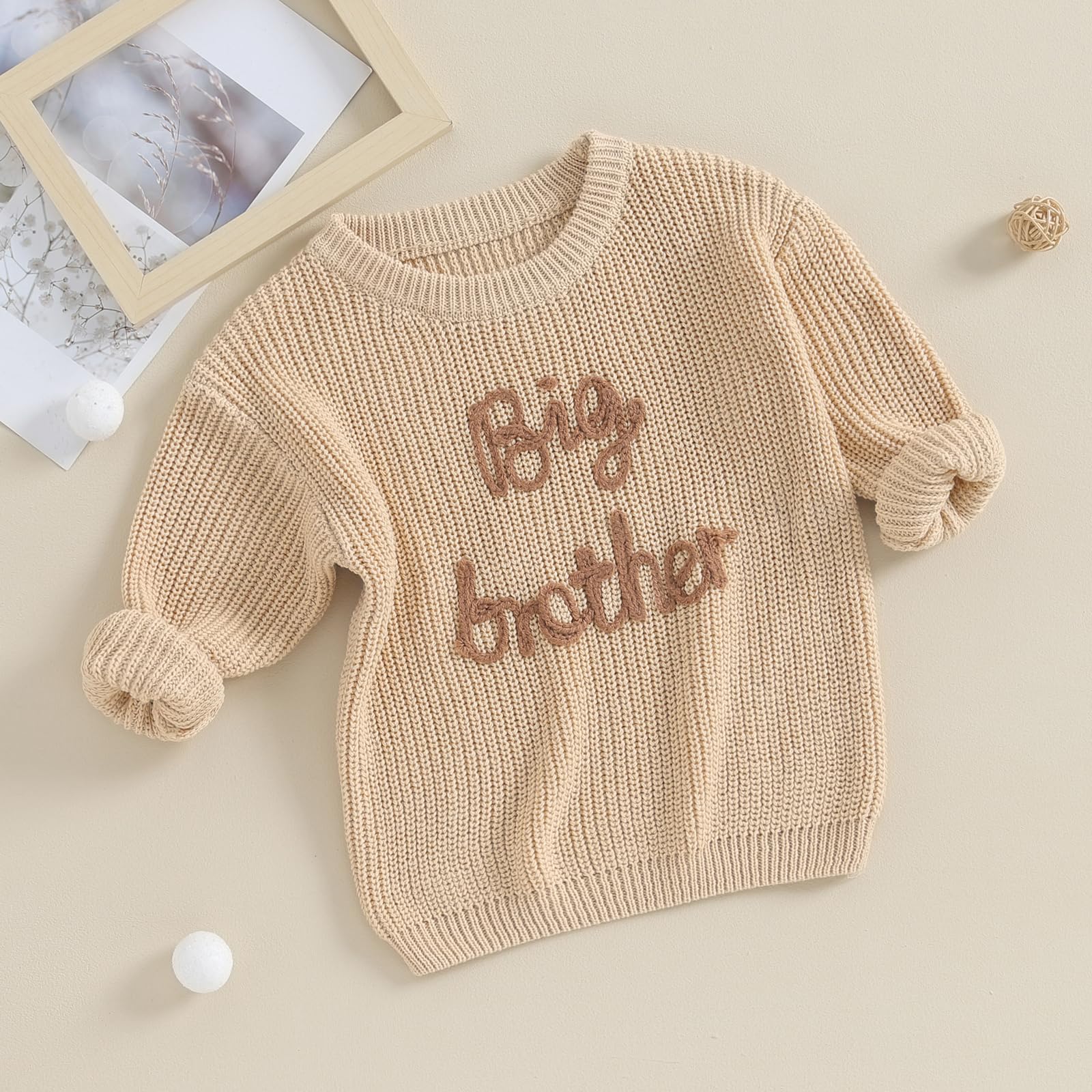 PanLidapan Brother Matching Clothes Embroidery Big Little Brother Jumper Knitted Sweater Kid Toddler Baby Boy Pullover Top (Big Brother Khaki, 18-24 Months)