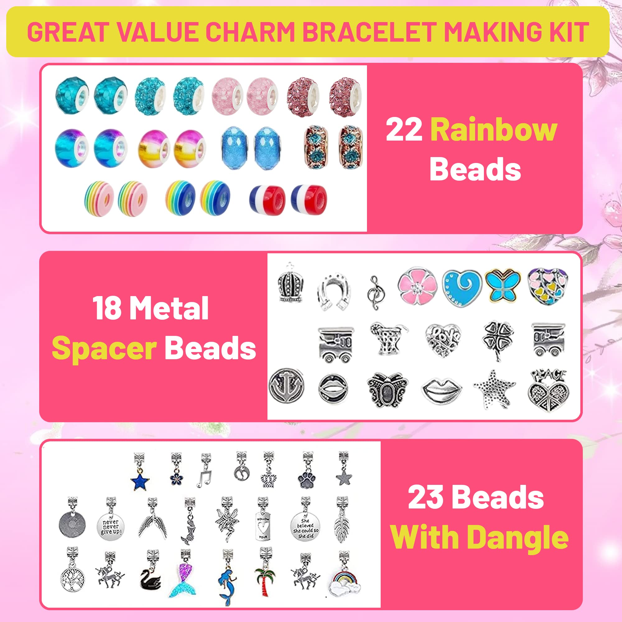 LauCentral 73 Pieces Charm Bracelet Making Kits, Jewelry Making Supplies Beads DIY Crafts Set with Snake Chain String for Christmas Gifts for Girls Teens Children Age 5-12 (TY004-VC2)