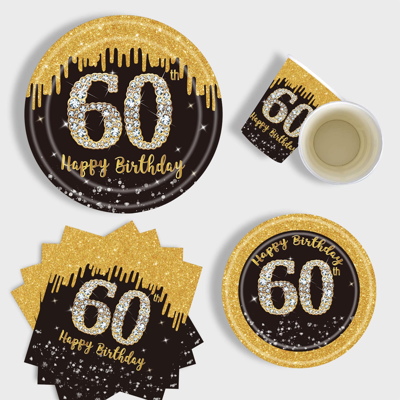 16Pcs 60th Birthday Black Gold Paper Plates 7 inch,60th Black Gold Birthday Disposable Party Paper Plates,Happy 60th Birthday Tableware Decorations for Her,Him,Men,Women,Birthday Gifts Party Supplies