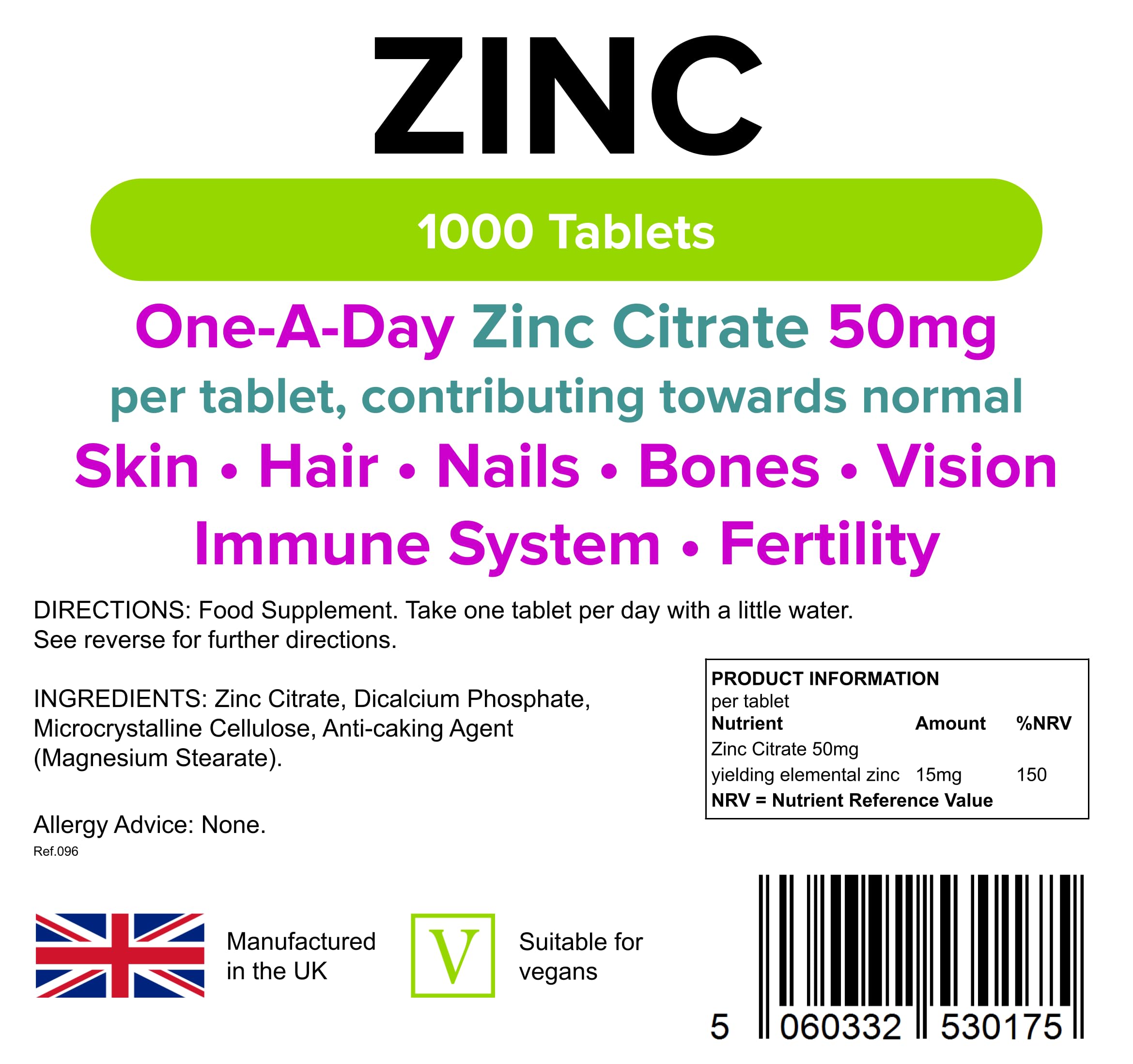 Lindens Zinc Citrate 50mg Tablets - 1000 Pack - High Strength 150% Nrv Dose Contributing Towards Normal Skin, Hair, Nails, Bones, Vision, Immune System and Fertility