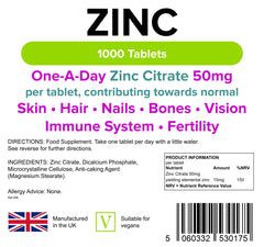 Lindens Zinc Citrate 50mg Tablets - 1000 Pack - High Strength 150% Nrv Dose Contributing Towards Normal Skin, Hair, Nails, Bones, Vision, Immune System and Fertility