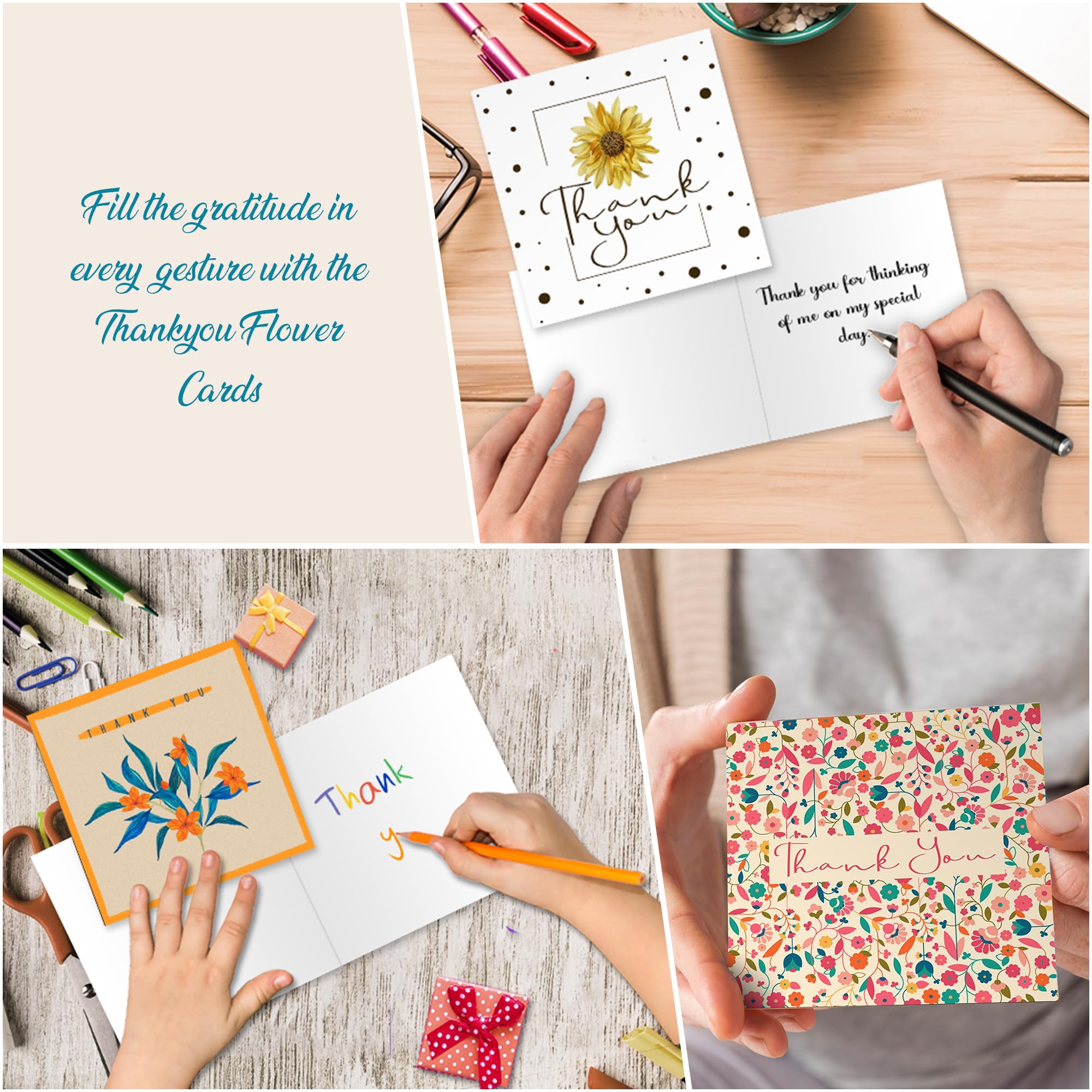 Giftinghouse 24/48 Thank You Cards Multipack with Envelopes - 6 Flower Designs Envelopes - Greeting cards for teachers, small business, wedding, kids Fully recyclable and Eco-friendly. (24 cards)