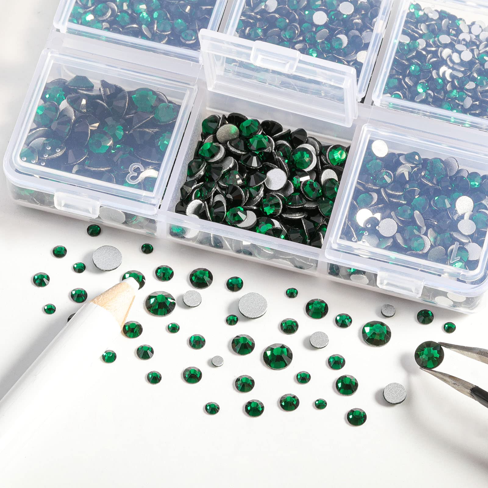 Beadsland 4300pcs Flatback Rhinestones,Green Rhinestones Nail Gems Round Crystal Rhinestones for Crafts,Mixed 6 Sizes with Picking Tweezers and Wax Pencil Kit, SS6-SS20,Emerald