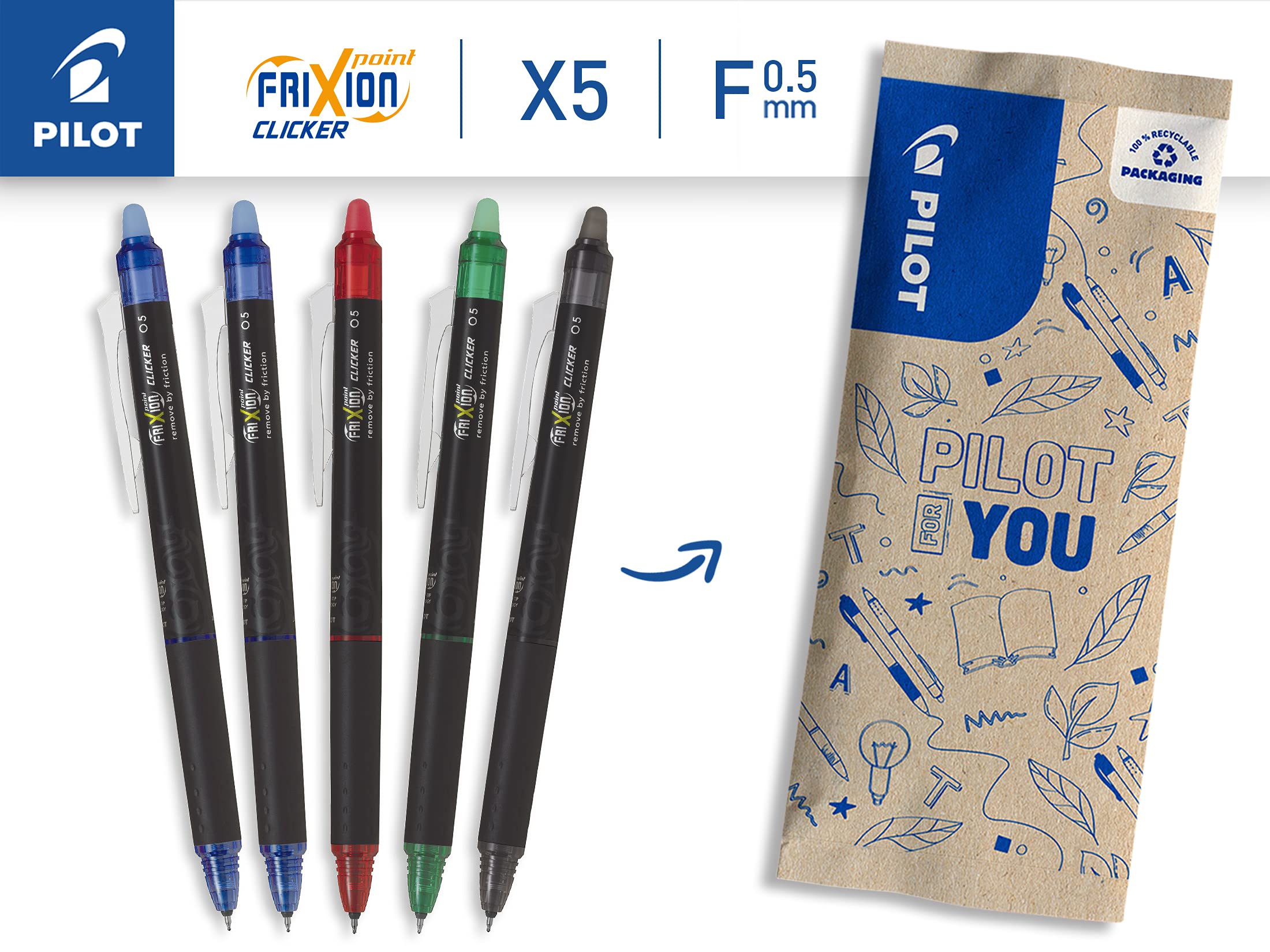 PILOT - Pack of 5 - FriXion Point Clicker 0.5 - Retractable, Erasable Thermo Sensitive Ink Pen - 1 Black, 2 Blue, 1 Red,1 Green - Refillable Pen - Fine Point