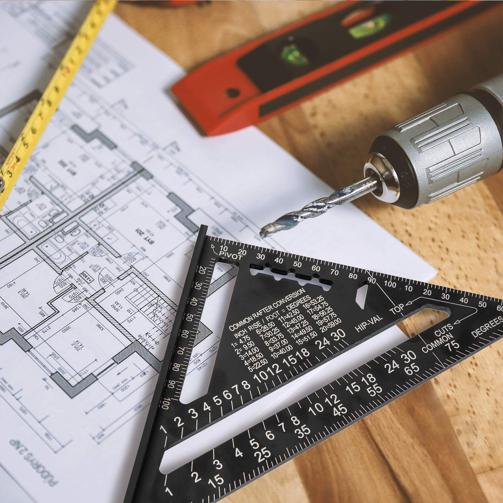 Beslands Rafter Square Metric 7 inch, Aluminum Carpenters Roofing Square, Metric Woodwork Square,Triangle Ruler Protractor