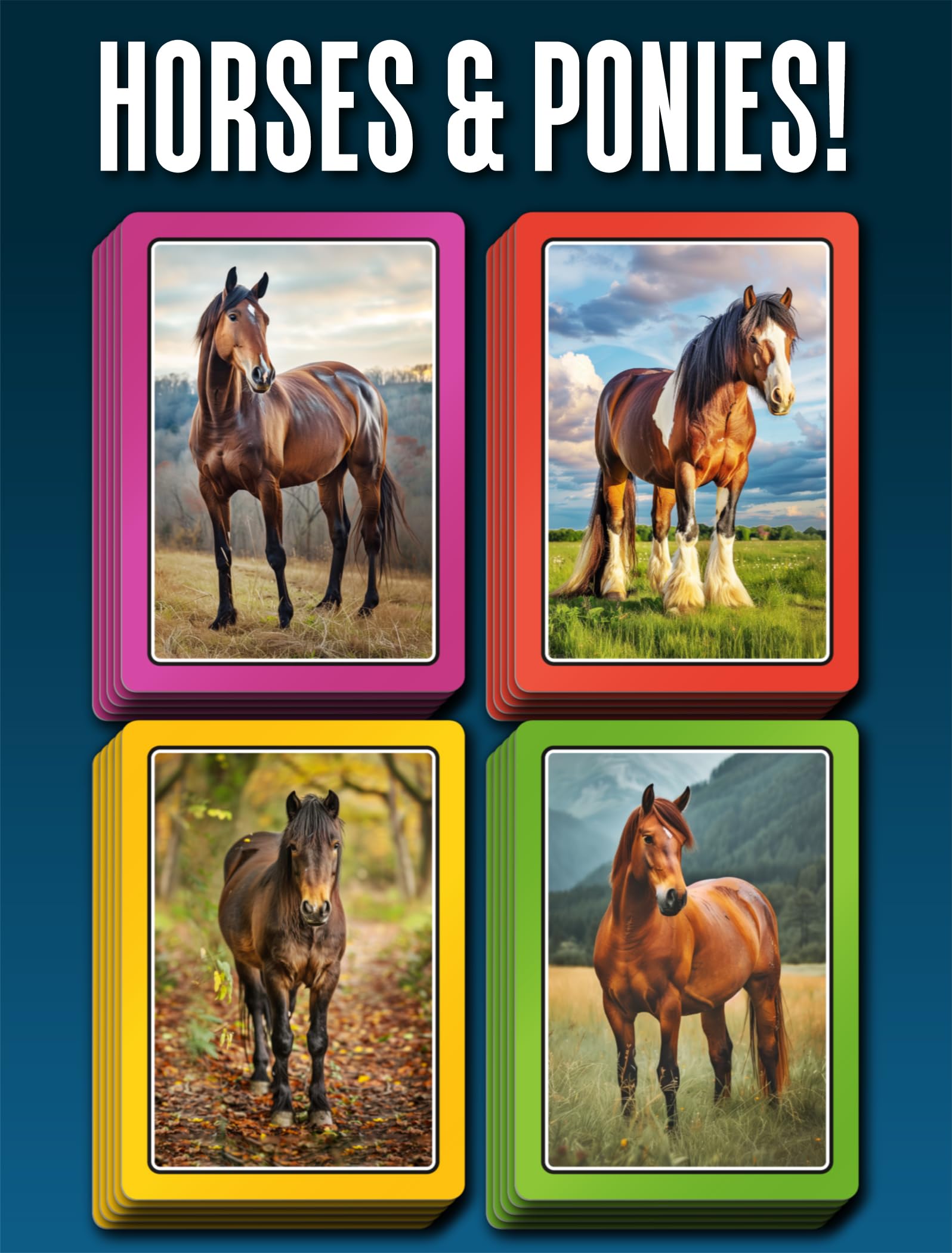 100 PICS Smart Cards Horses & Ponies, 7 games in 1, Pairs, Snap, Trumps, Rummy, Memory Quiz, Learn Facts, Travel Game, Gift, Stocking Filler, Age 5and, 1-8 Players