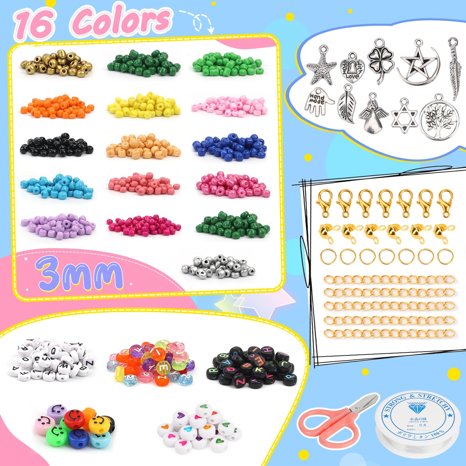 8100PCS 3mm Glass Seed Beads Bracelets Making Kit，400pcs Alphabet Letter Beads for Jewelry Making and Crafts with Elastic String Cords，Pendants, lobster clasps and other craft diy material (C-3MM)