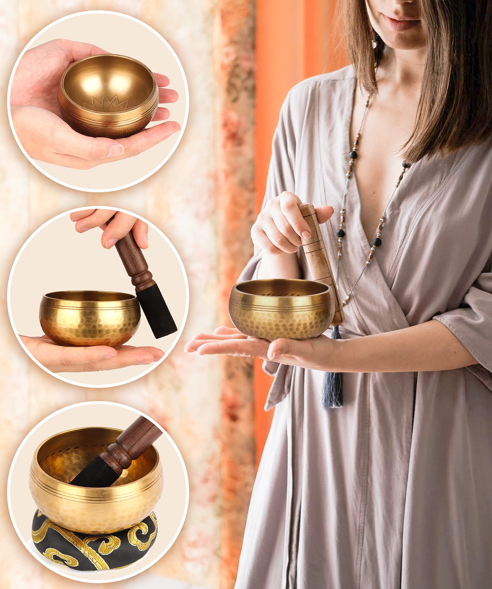 Tibetan Singing Bowls Set-100% Hand-hammered in Nepal Sound Bowl for Meditation, Yoga, Chakra, Meditation Accessories, Unique Gifts for Women, Men (8 cm) (8 x 5 cm)