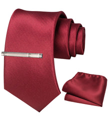 RBOCOTT Burgundy Tie Silk Necktie and Pocket Square with Tie Clip Sets for Men 8cm(1)