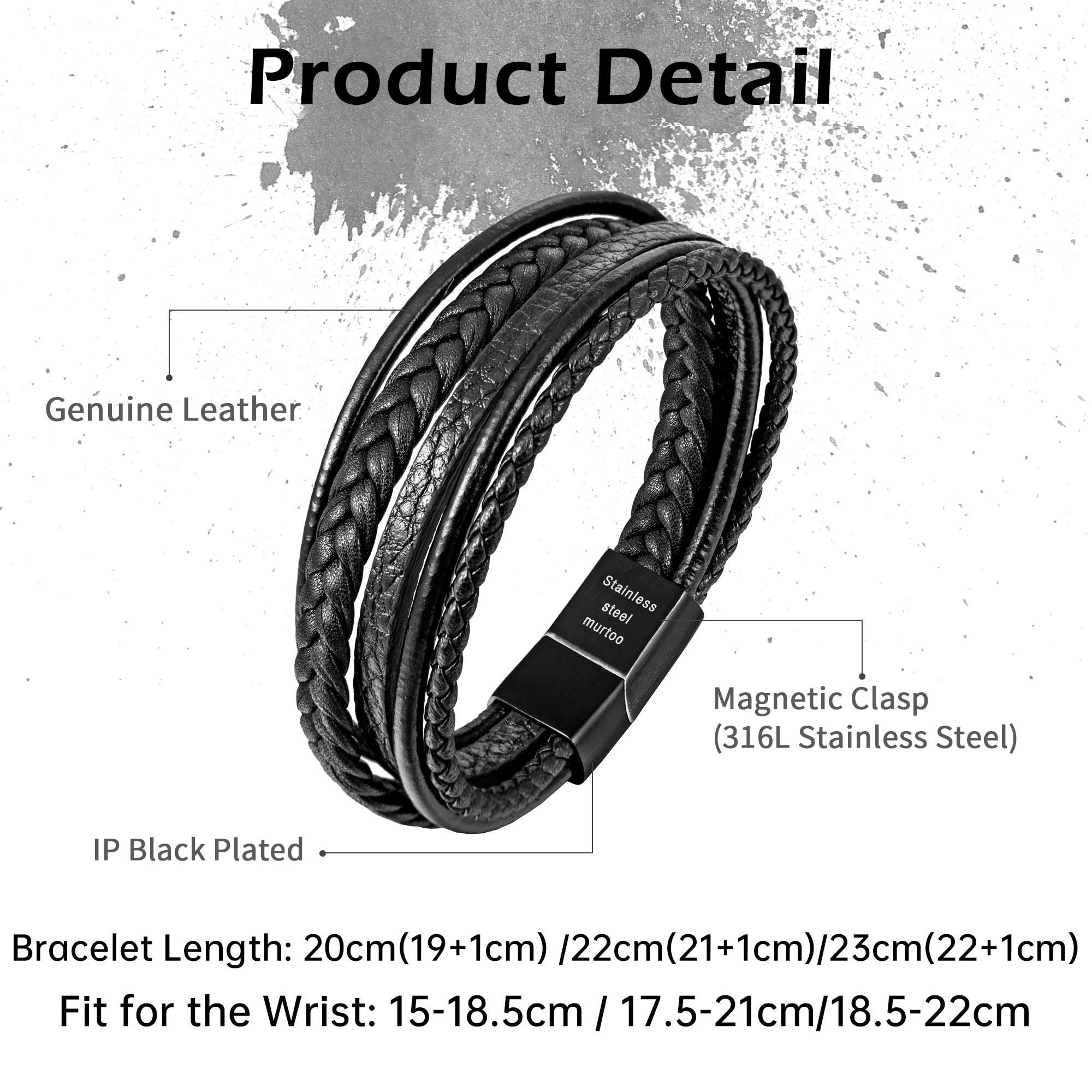 Speroto Mens Bracelet, Adjustable Premium Leather Bracelet for Men in Black and Brown with Stainless Steel Magnetic Clasp, Multi-Layer Braided Genuine Leather Bracelet Gift Idea for Men/Women