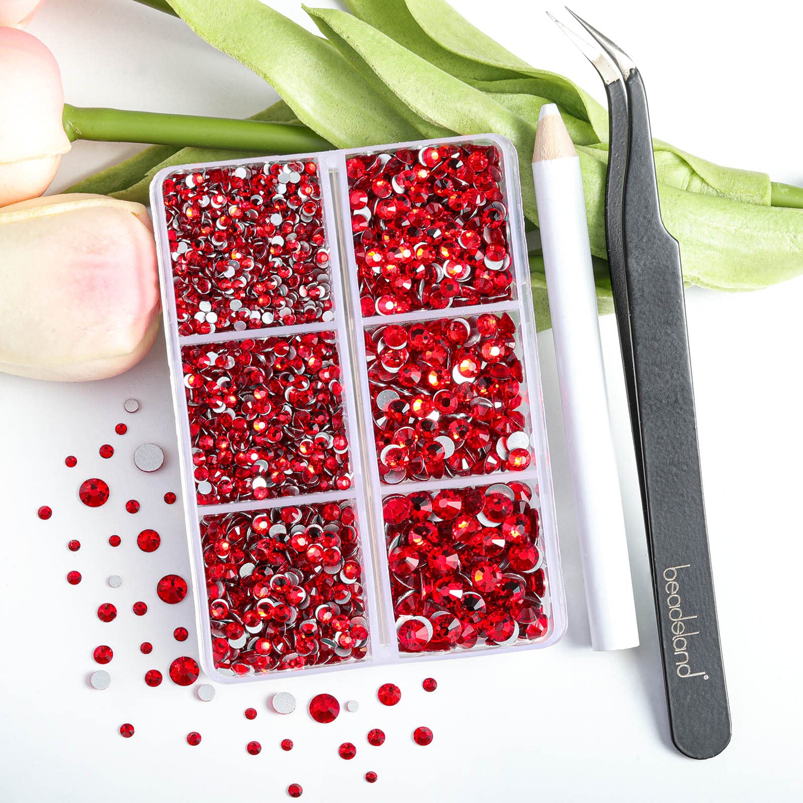 Beadsland 4300pcs Flatback Rhinestones,Light Red Rhinestones Nail Gems Round Crystal Rhinestones for Crafts,Mixed 6 Sizes with Picking Tweezers and Wax Pencil Kit, SS6-SS20,Light Siam