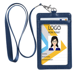 Teskyer Card Holder with Lanyard, ID Badge Holder with Clear Window and Holds 2 Cards, PU Leather Vertical Badge Holder for ID Cards, Offices, Schools, Bus Passes, Blue