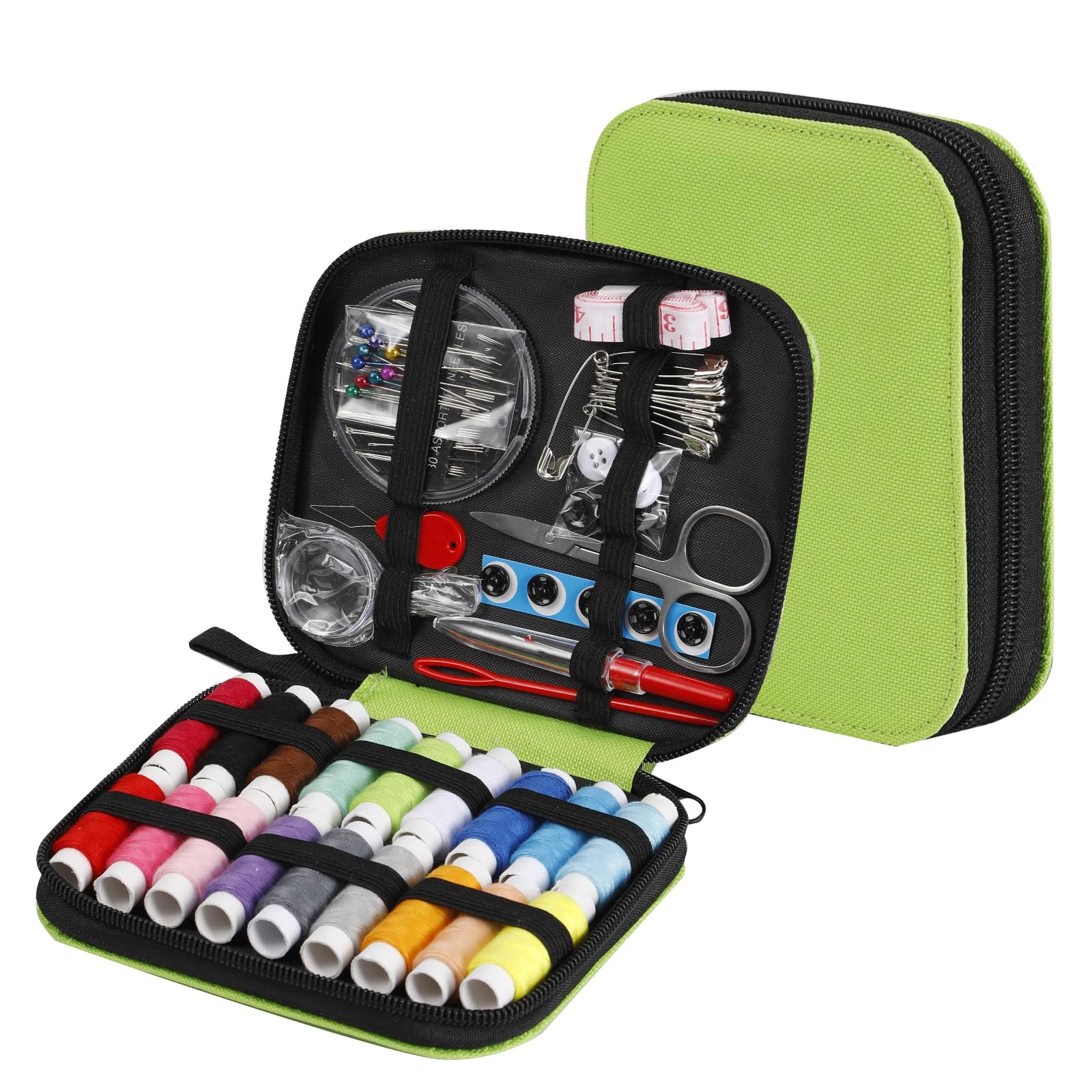 JUNING Sewing Kit with Case Portable Sewing Supplies for Home Traveler, Adults, Beginner, Emergency, Kids Contains Thread, Scissors, Needles, Measure (B-Nomal-Green)