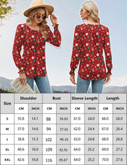 Rapbin Women's Long Sleeve Tops Puff T Shirt Pleated Tunic Tops Crew Neck Loose Blouse with Smocked Cuffs Santa red XL