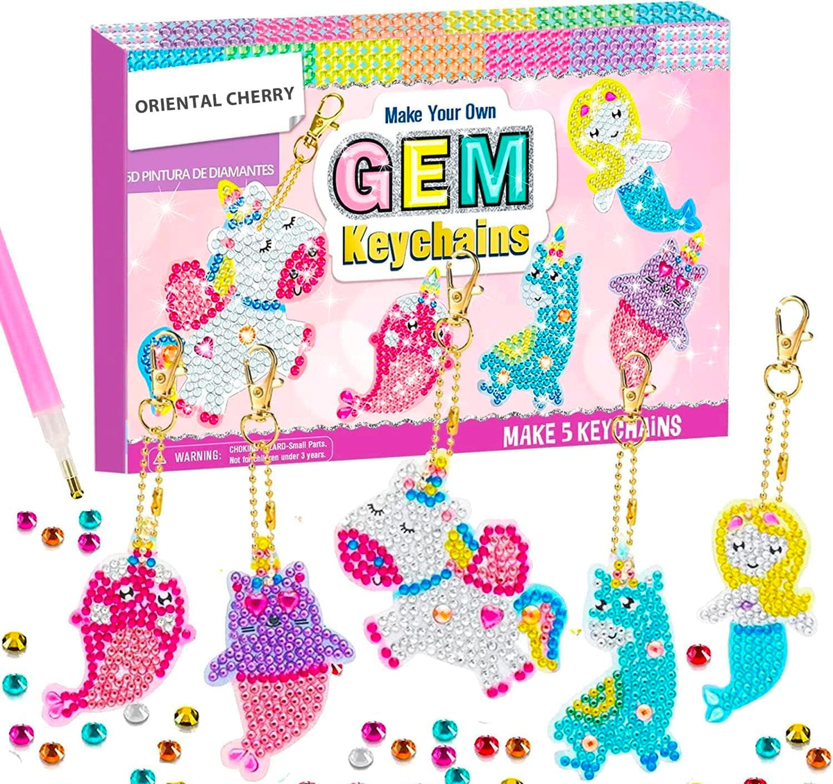 ORIENTAL CHERRY Arts and Crafts for Kids Ages 8-12 - Make Your Own GEM Keychains - 5D Gem Art Painting by Numbers Art Kits for Girls Kids Toddler Ages 3-5 4-6 6-8 (Mermaids Sets)