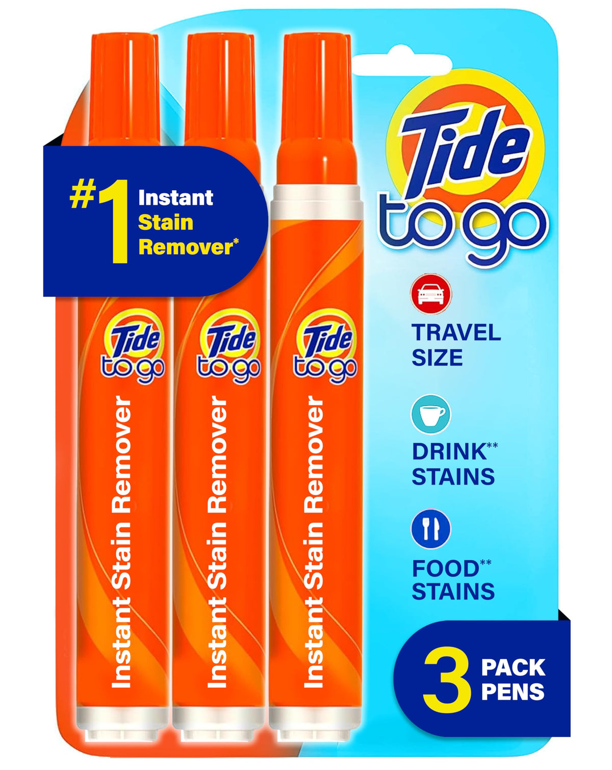 Tide Pen Stain Remover for Clothes, Tide To Go Pen, Instant Stain Remover Pen & Spot Cleaner, Portable & Travel-Friendly, Works on Food & Drink Stains, Fits in Purses & Bags, 3 Count (Pack of 1)