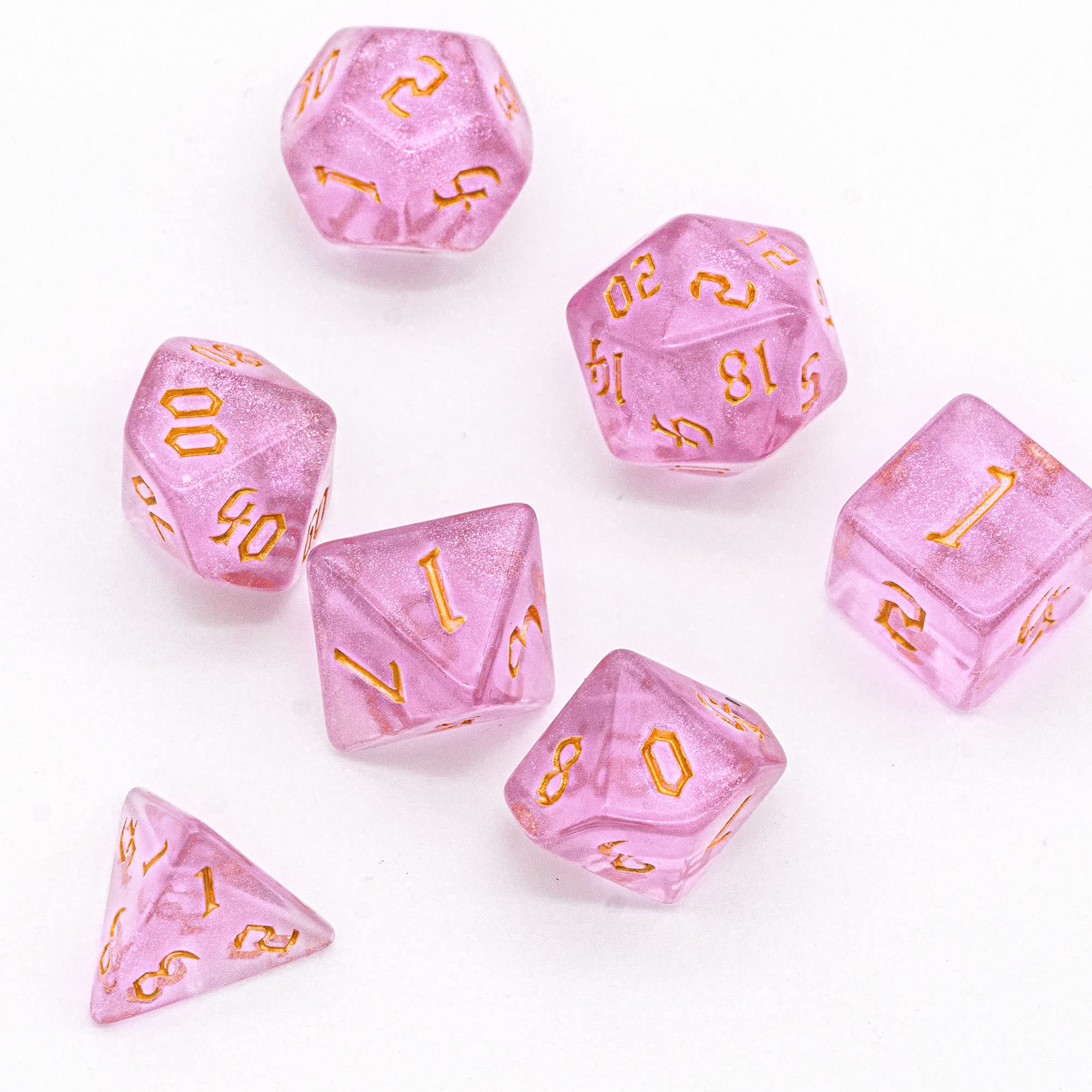 Cusdie 7Pcs/Set DND Dice Set D&D Polyhedral Dice for TTRPG Dungeons and Dragons Pathfinder Role Playing Dice Games RPGs (Pink with Sickle Font)