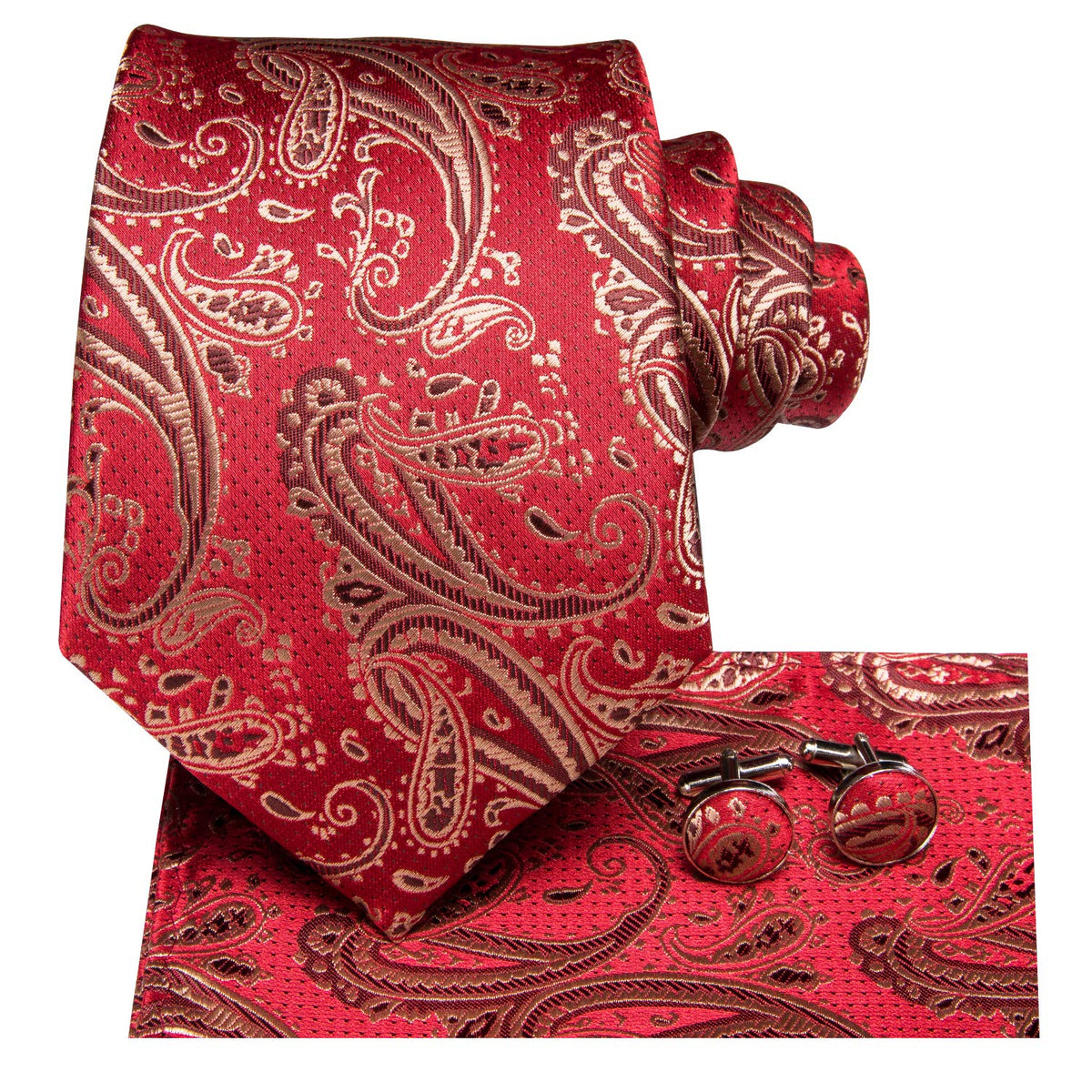 Hi-Tie Gold Red Paisley Men Ties for Wedding Woven Silk Tie Set Pocket Square & Cufflinks Business Party