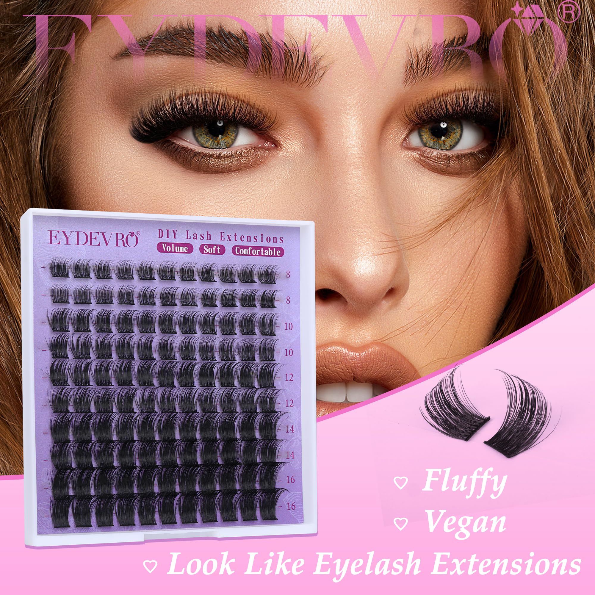 EYDEVRO D Curl Cluster Lashes DIY Lash Extension Kit Lashes Individual Clusters Kit Wispy Eyelash Extension Kit 8-16mm Eyelash Extensions with Lash Bond and Seal and Tweezers (0.07D, 8-16mm, D Curl)