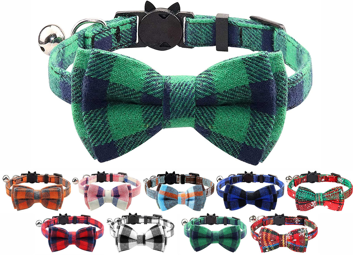 Cat Collar with Bell and Bow Tie, Quick Release Safety Buckle Collars for Kitten and Cats, Soft Tartan Design (Green & Blue)