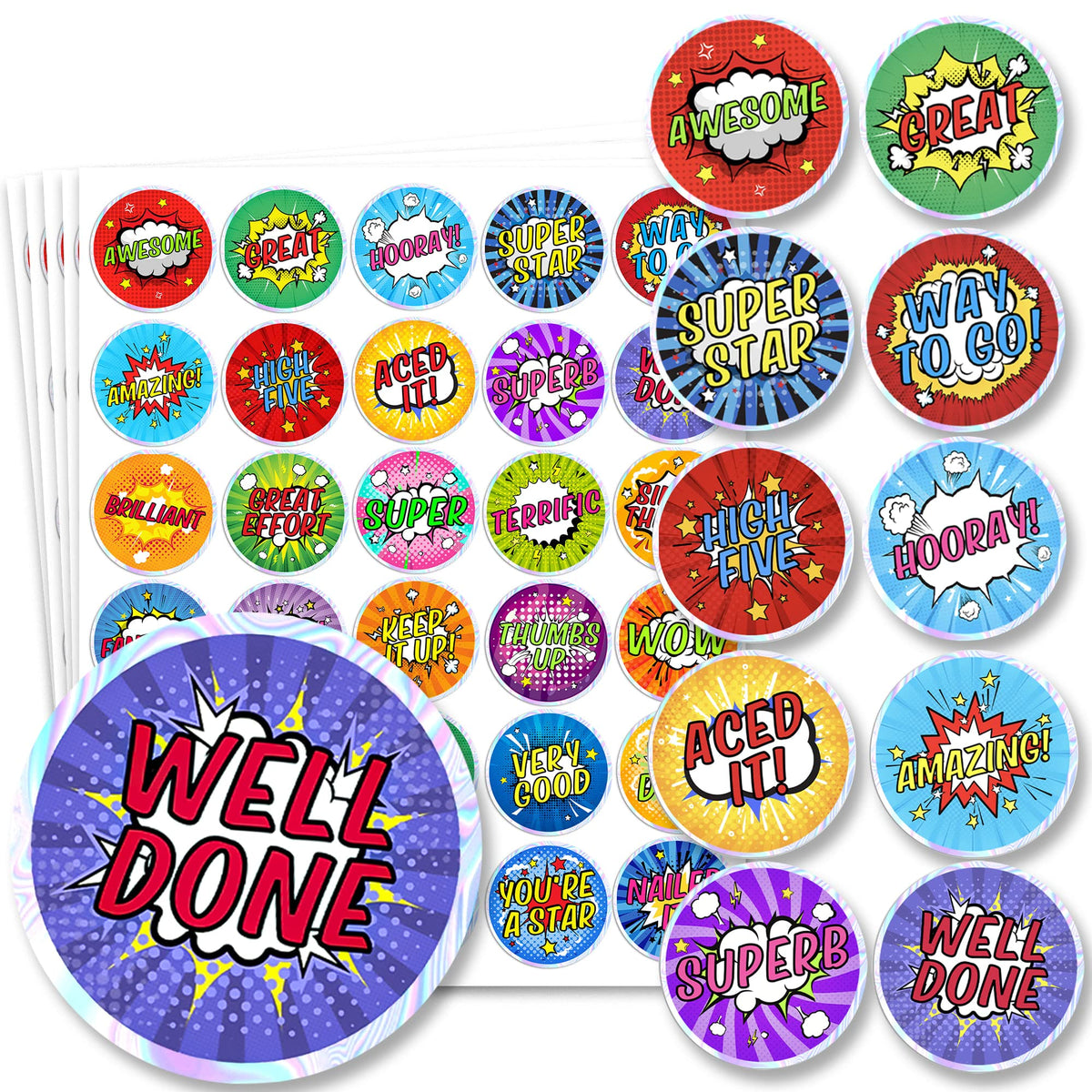 510 Reward Stickers For Children Well Done Teacher Stickers with Shiny Silver Sparkly Sparkling Holographic Edge Praise Good Work and Behaviour (Comic)