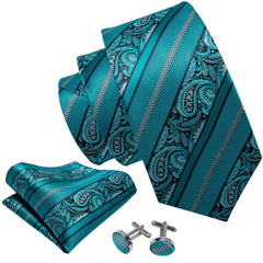 Barry.Wang Men Tie Set Paisley Handkerchief Cuff links Teal Blue