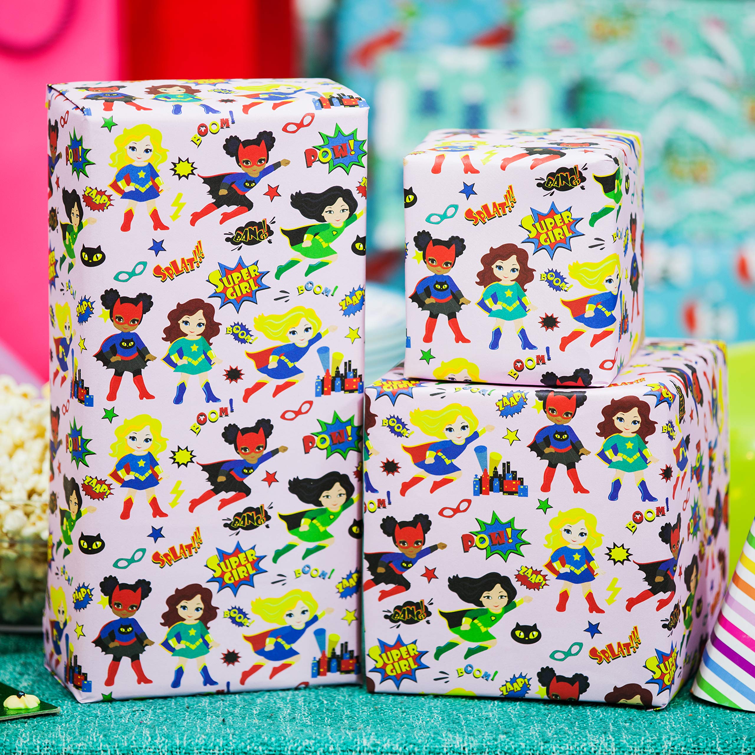 4 x Superhero Multicultural Wrapping Paper for Kids, Girls & Women- Premium 100% Recycled and Recyclable Gift Wrap Sheets 70x50cm for Christmas, Birthday, Anniversary, Thank You & More